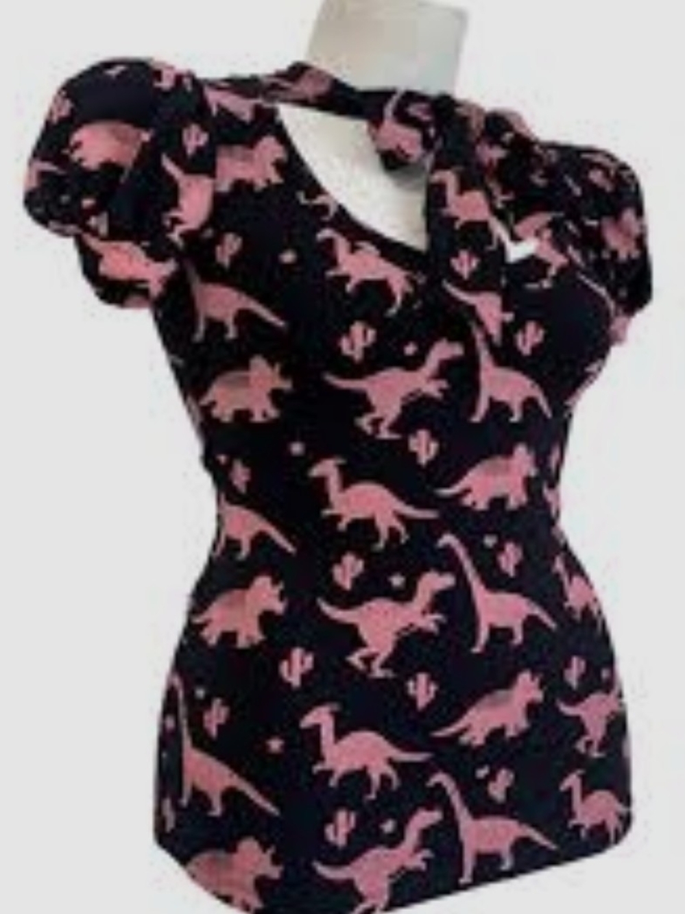 Bonsai Kitten Black & Pink Dinosaur Print Tie-Neck Top